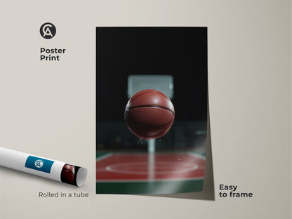 Poster print of basketball artwork rolled in a tube. This sports action canvas is easy to frame. It features a photorealistic basketball suspended in mid-air. Ideal for a man cave or office. This basketball ball art is a great gift for sports enthusiasts.