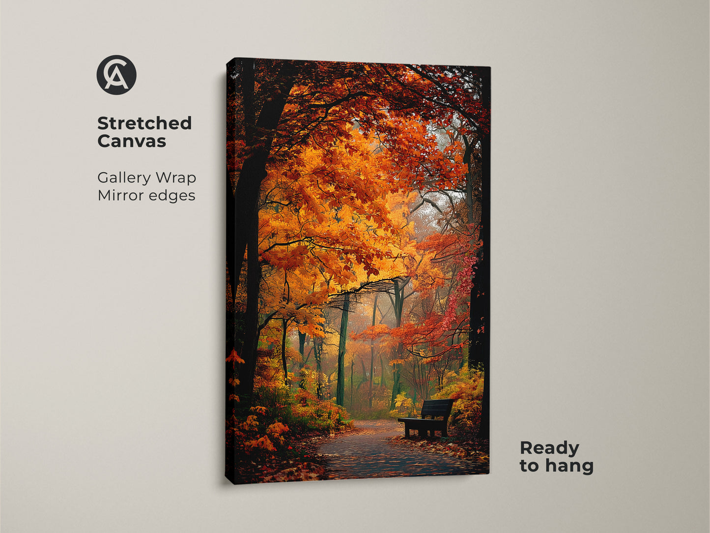 Stretched canvas print of a fall forest scene. The gallery wrapped canvas shows a path with autumn foliage. Mirror edges create a seamless look. It is ready to hang and enjoy.