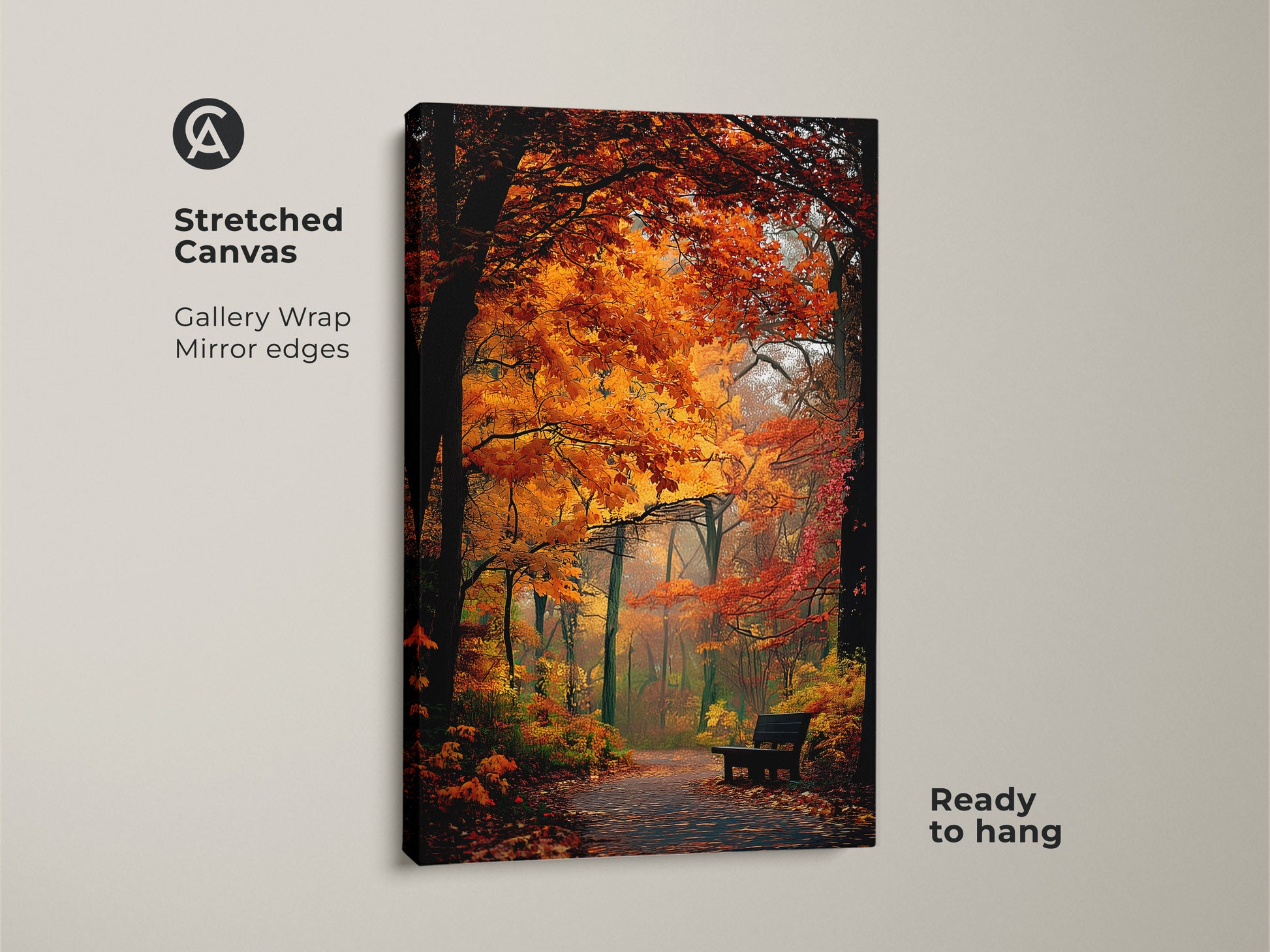 Stretched canvas print of a fall forest scene. The gallery wrapped canvas shows a path with autumn foliage. Mirror edges create a seamless look. It is ready to hang and enjoy.