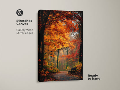 Stretched canvas print of a fall forest scene. The gallery wrapped canvas shows a path with autumn foliage. Mirror edges create a seamless look. It is ready to hang and enjoy.