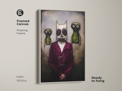 Framed in white this canvas presents a surreal character. The gothic mask art is flanked by two creatures. It has a striking dark art style. The burgundy and green palette enhances eclectic decor. Add a unique piece to your alternative wall hanging collection. It will be ready to hang.