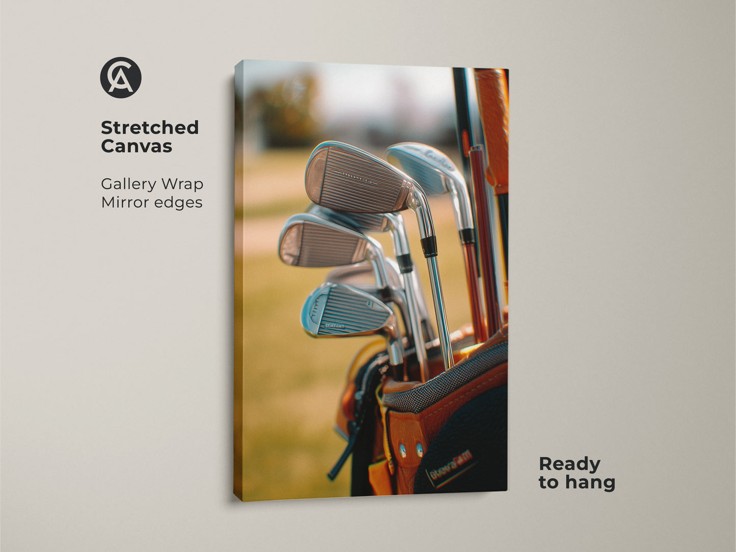 Stretched canvas of golf equipment artwork. This is a detailed shot of golf clubs in a golf bag. The gallery wrapped canvas has mirrored edges. This golf art is ready to hang. Buy golf art today.