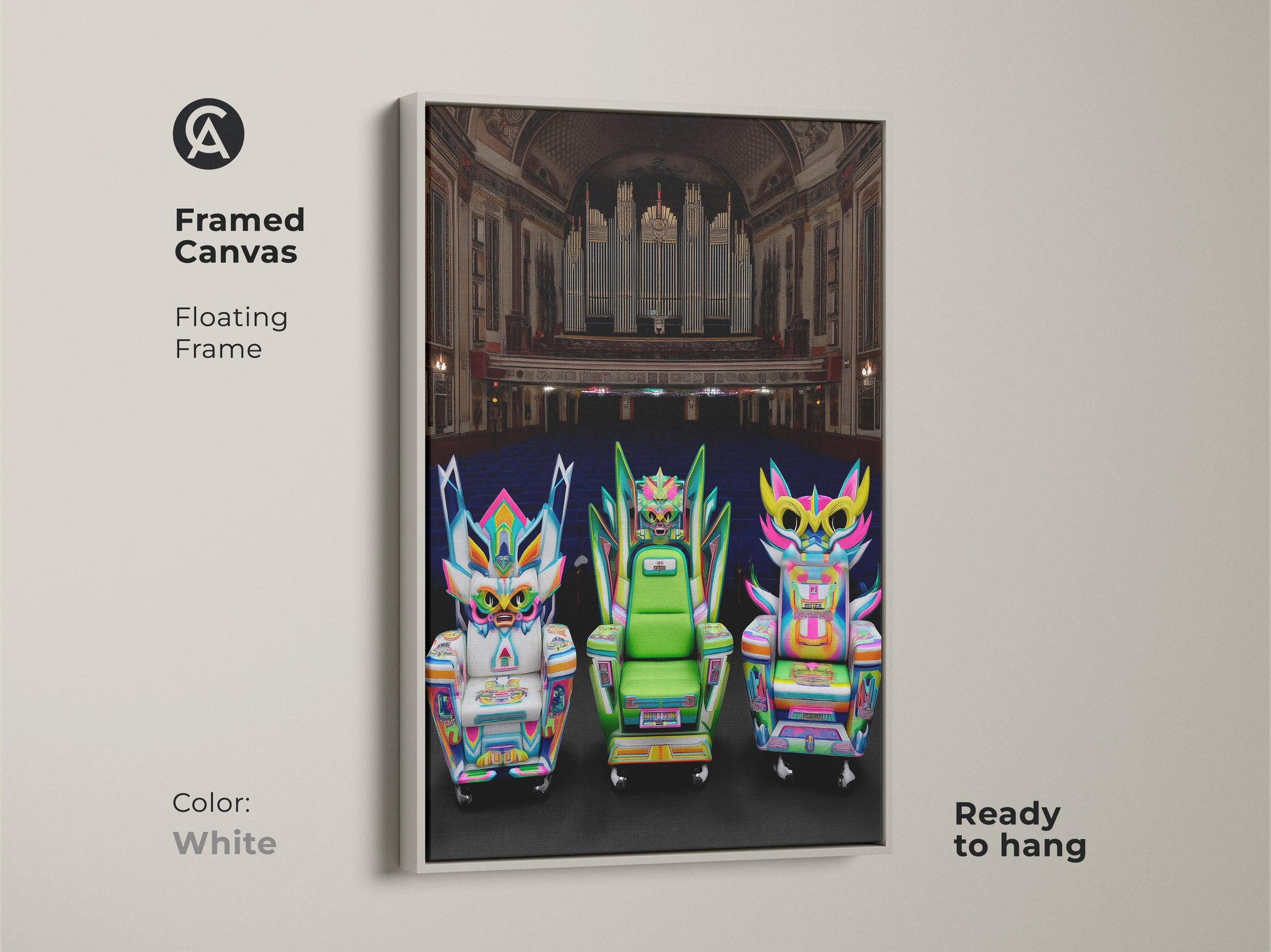 Framed canvas with floating frame in white showcasing cyberpunk fantasy chair artwork. Neon pink and electric blue hues create a modern surreal art piece. Ready to hang for easy wall decor. Elevate your entertainment room with this pop surrealism artwork.