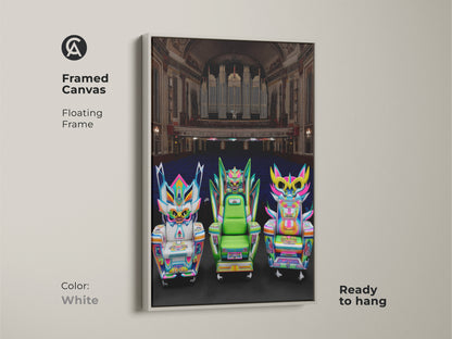 Framed canvas with floating frame in white showcasing cyberpunk fantasy chair artwork. Neon pink and electric blue hues create a modern surreal art piece. Ready to hang for easy wall decor. Elevate your entertainment room with this pop surrealism artwork.