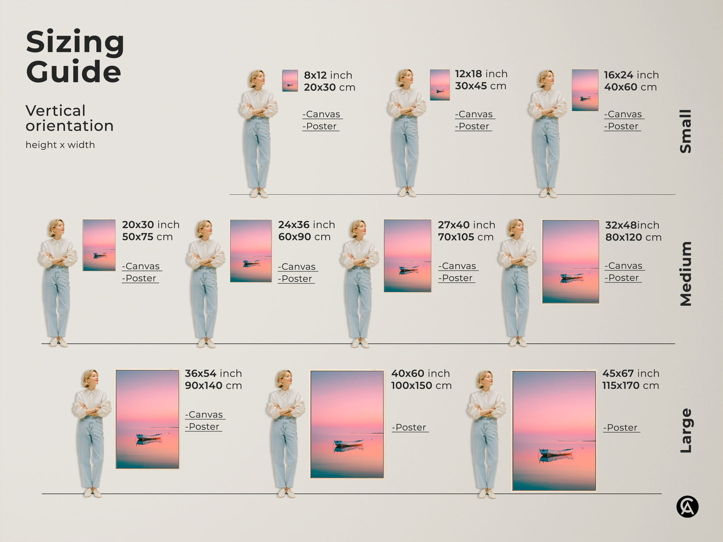 Sizing guide for the boat artwork. Vertical orientation options are available. Choose from canvas or poster prints. Sizes range from small to large. Find the perfect size for your space.