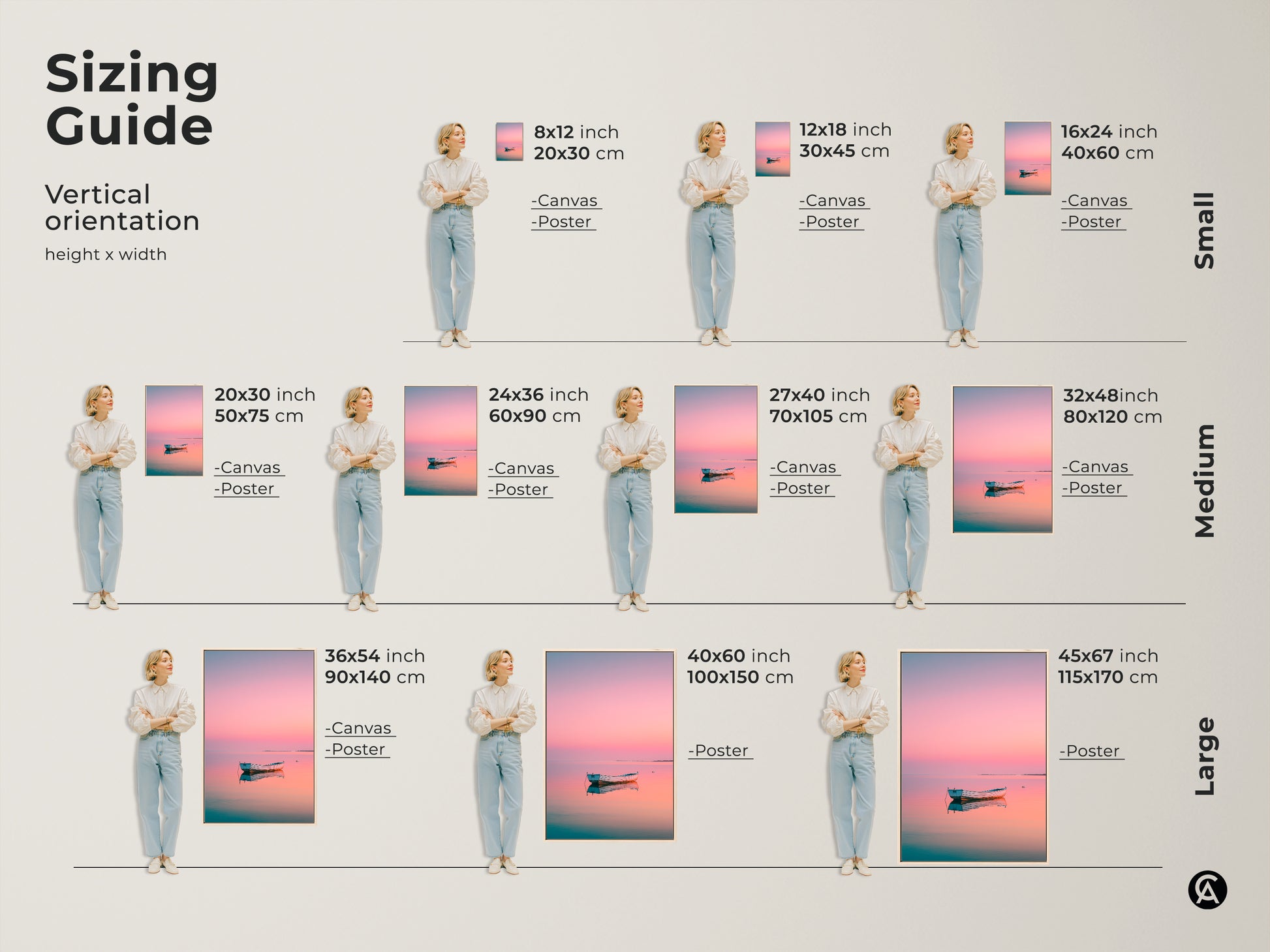 Sizing guide for the boat artwork. Vertical orientation options are available. Choose from canvas or poster prints. Sizes range from small to large. Find the perfect size for your space.