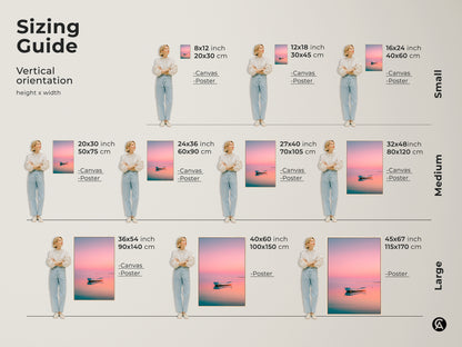 Sizing guide for the boat artwork. Vertical orientation options are available. Choose from canvas or poster prints. Sizes range from small to large. Find the perfect size for your space.