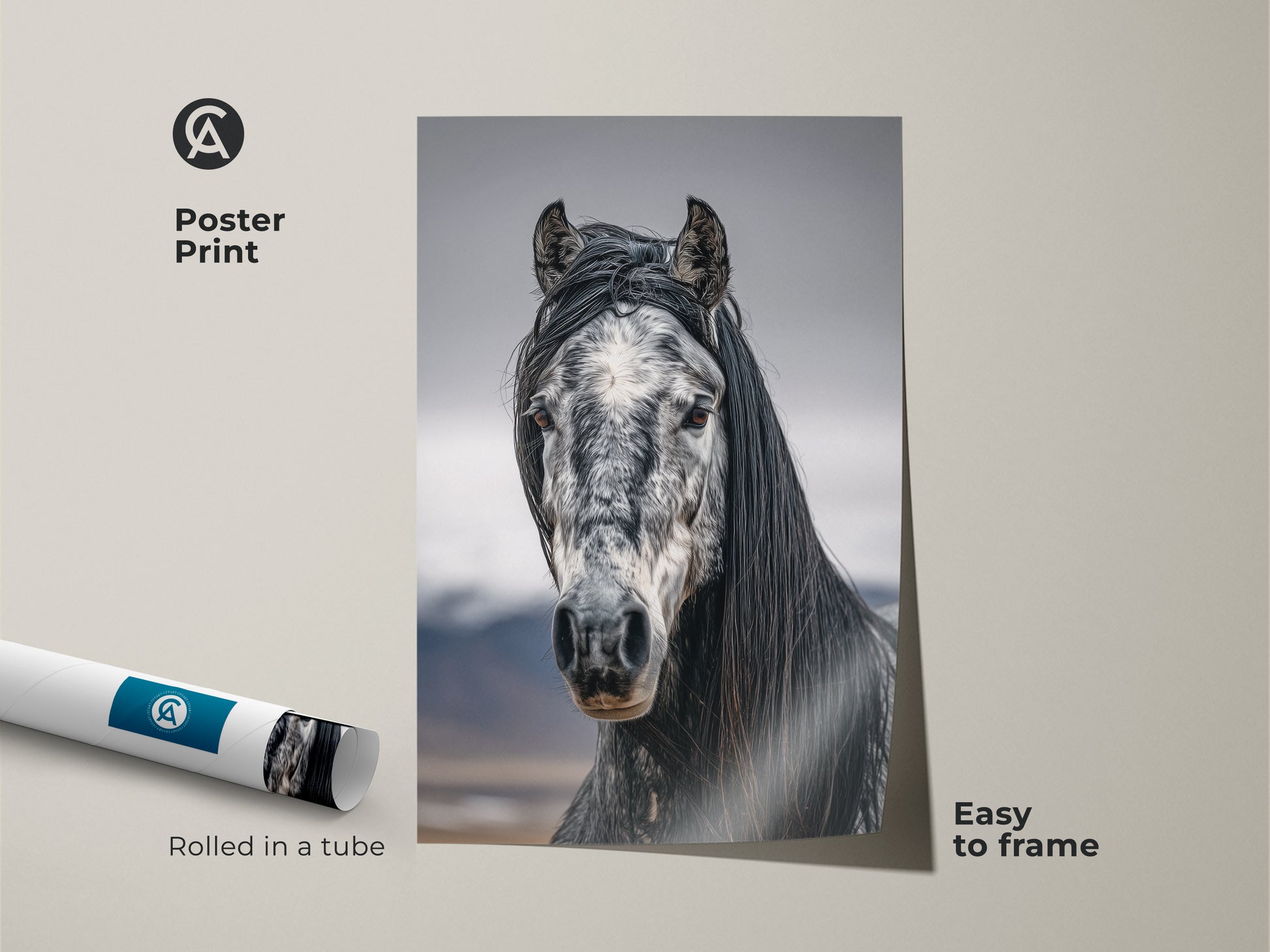 A poster print featuring black and white horse art. Rolled in a tube and easy to frame. This photorealistic horse canvas is ideal rustic bedroom wall decor. It's a stunning equestrian gift for her.