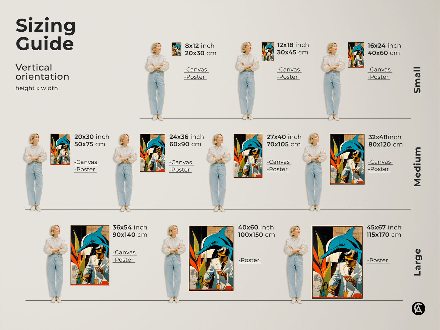 This sizing guide shows the vertical orientation height x width of the artwork. The art features a surreal blend of retro futurism and marine life featuring a dolphin and a scientist. This canvas and poster artwork comes in small medium and large for your art needs.