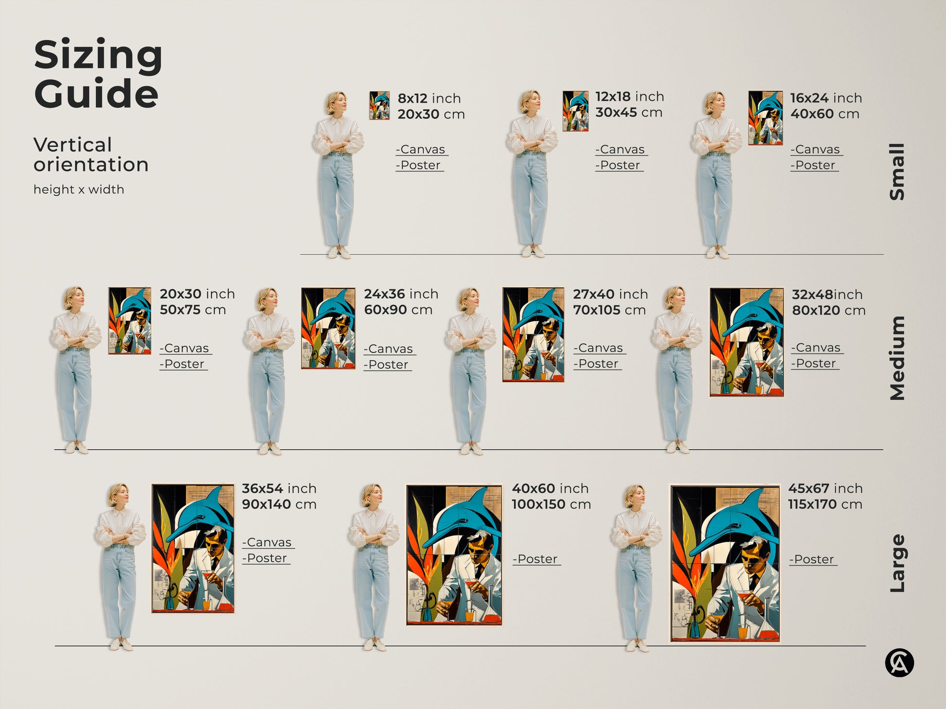 This sizing guide shows the vertical orientation height x width of the artwork. The art features a surreal blend of retro futurism and marine life featuring a dolphin and a scientist. This canvas and poster artwork comes in small medium and large for your art needs.
