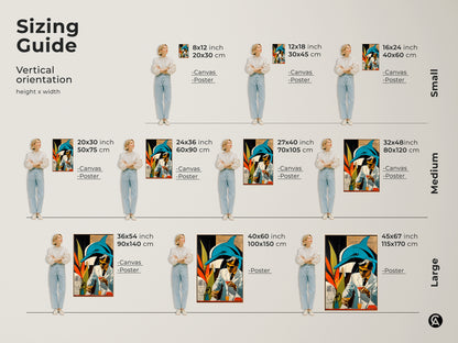 This sizing guide shows the vertical orientation height x width of the artwork. The art features a surreal blend of retro futurism and marine life featuring a dolphin and a scientist. This canvas and poster artwork comes in small medium and large for your art needs.
