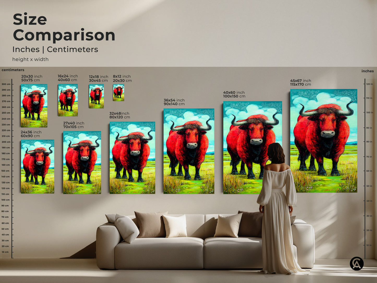 Size comparison of the red bull canvas art in inches and centimeters. Visualize the impact of this animal artwork on your wall from small to extra-large. This statement print fits perfectly above a couch creating a focal point in any living space.