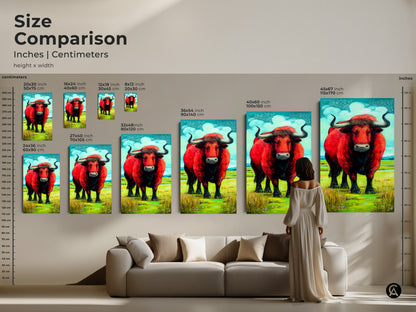 Size comparison of the red bull canvas art in inches and centimeters. Visualize the impact of this animal artwork on your wall from small to extra-large. This statement print fits perfectly above a couch creating a focal point in any living space.