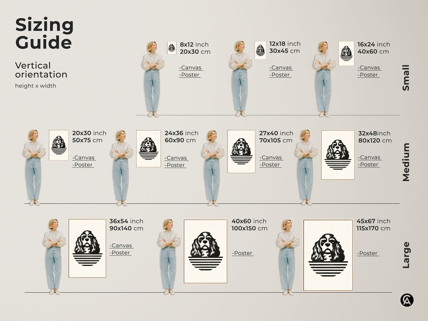 Sizing guide for Cavalier King Charles Spaniel art prints. Visualize the scale with a person to understand dimensions. Options include canvas and poster prints in small medium and large sizes for home decor.