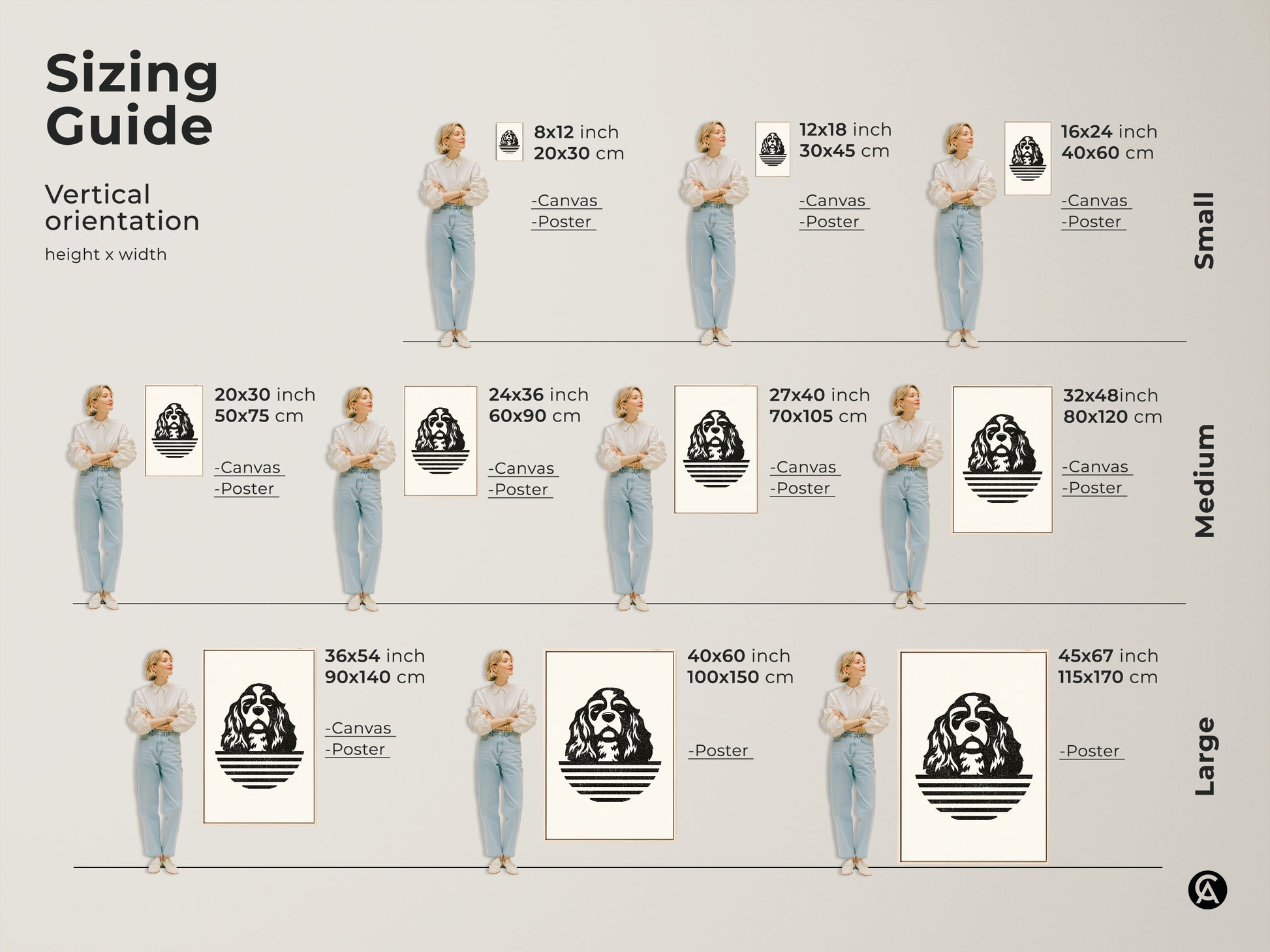 Sizing guide for Cavalier King Charles Spaniel art prints. Visualize the scale with a person to understand dimensions. Options include canvas and poster prints in small medium and large sizes for home decor.