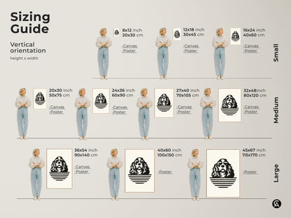 Sizing guide for Cavalier King Charles Spaniel art prints. Visualize the scale with a person to understand dimensions. Options include canvas and poster prints in small medium and large sizes for home decor.