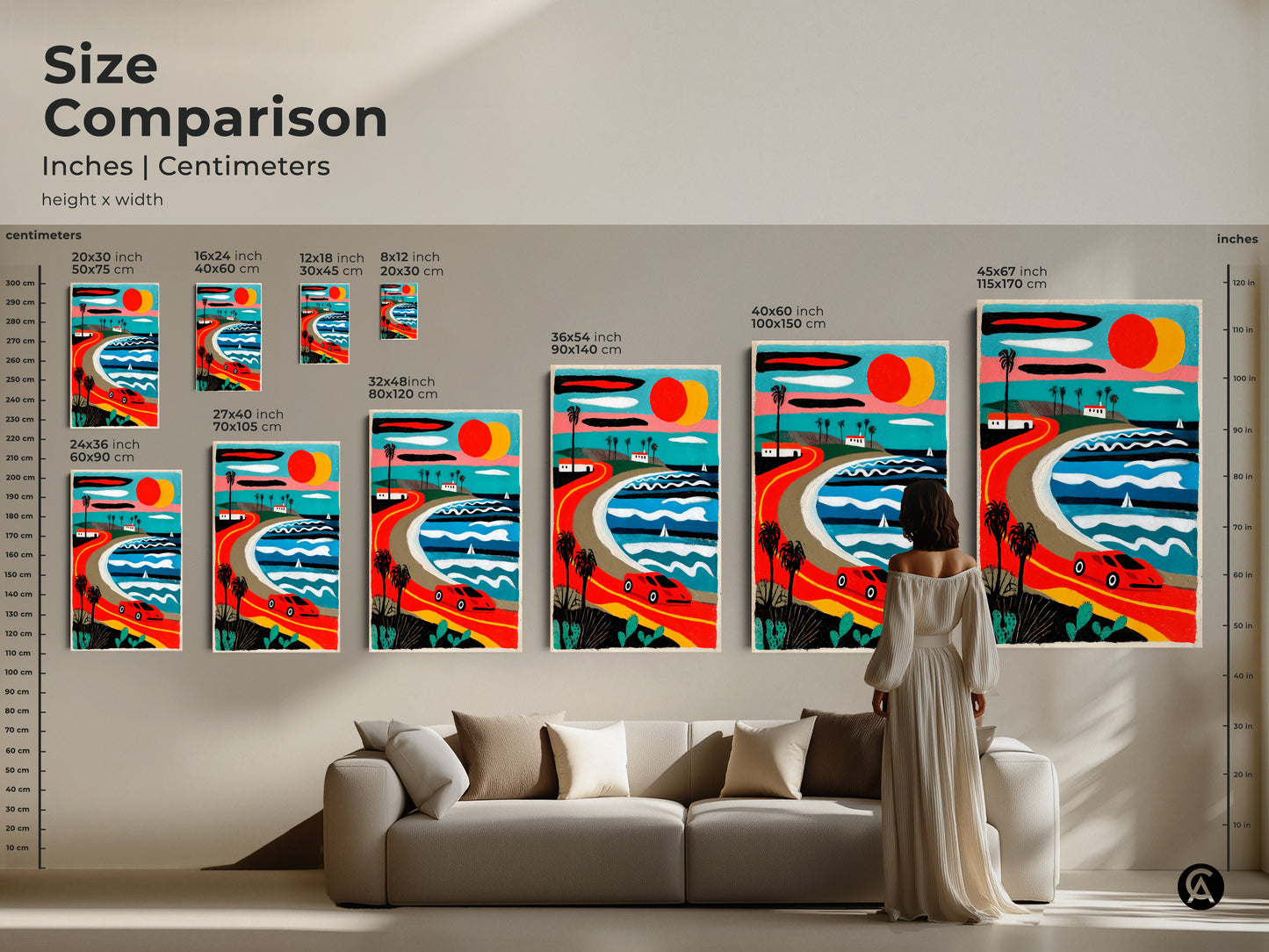 Size comparison of a retro coastal road trip art print. Canvas and poster options are shown in different sizes with a vintage car by a palm-lined ocean road. Mid-century modern landscape for car and travel enthusiasts. See how it fits.