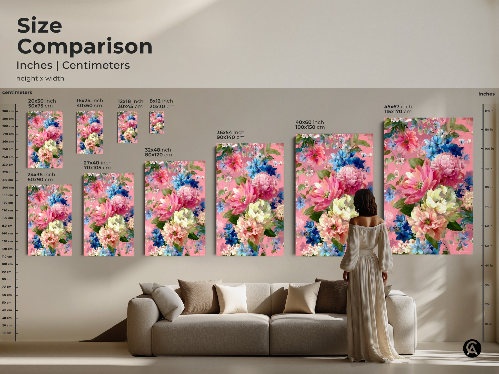 Size comparison featuring romantic pink peony and blue daisy botanical artwork in inches and centimeters. See the various sizes relative to furniture. Ideal for boho living room or bedroom wall decor. Select the perfect size floral artwork print today.