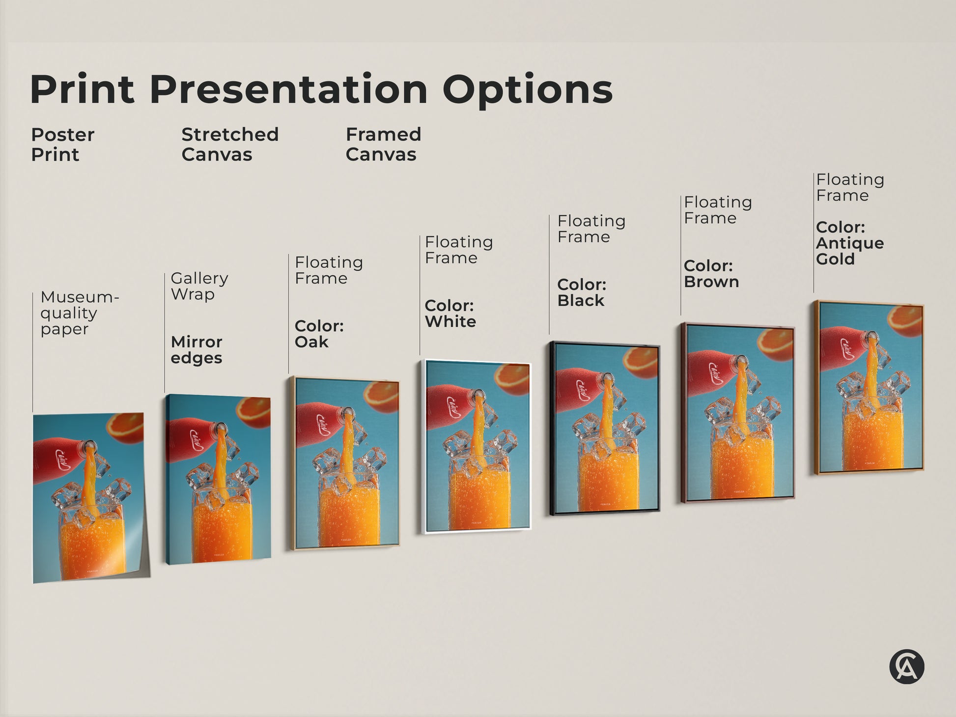 Explore print presentation options for modern orange juice artwork. Choose from poster stretched canvas or framed canvas. Each option showcases a vibrant red bottle ice cubes and a refreshing orange juice pour. Enhance your kitchen or bar decor with this contemporary art.
