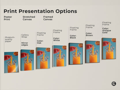 Explore print presentation options for modern orange juice artwork. Choose from poster stretched canvas or framed canvas. Each option showcases a vibrant red bottle ice cubes and a refreshing orange juice pour. Enhance your kitchen or bar decor with this contemporary art.