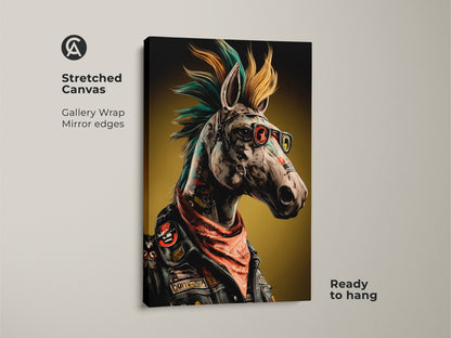 Neo-Punk Horse surreal wall art on stretched canvas. See the rocker horse print with gallery wrap mirror edges. This eclectic home decor is ready to hang. Punk rock fan gift for man cave wall art or cool office artwork teal.
