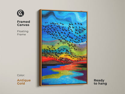 Framed abstract bird canvas art with floating frame in antique gold. The Blue red green nature landscape is ready to hang. Unique eclectic animal artwork enhances bedroom decor a perfect housewarming gift.