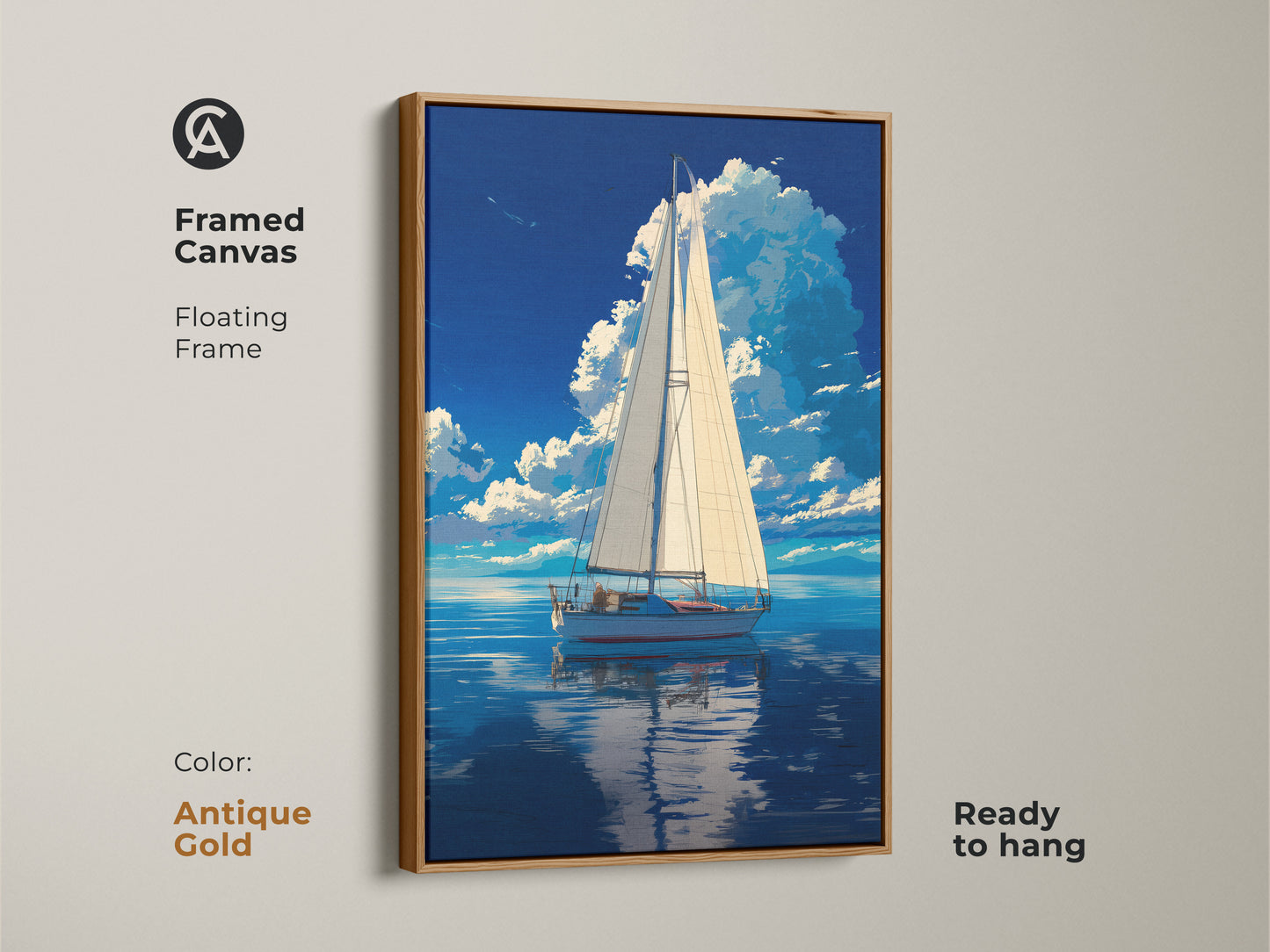 Framed canvas of sailboat artwork with an antique gold floating frame. This nautical coastal landscape art features a deep blue sky. The ocean artwork is ready to hang. A sophisticated choice for nautical-themed decor.
