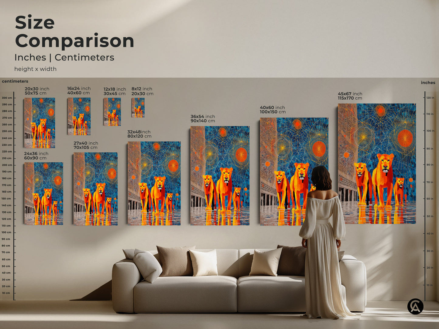 Size comparison of geometric lion artwork in inches and centimeters. Visualize how this abstract sunburst animal art fits above furniture. Explore sizes from small to large for canvas and poster options. It will help you choose the perfect piece for your space. Add contemporary wildlife art to your home today.