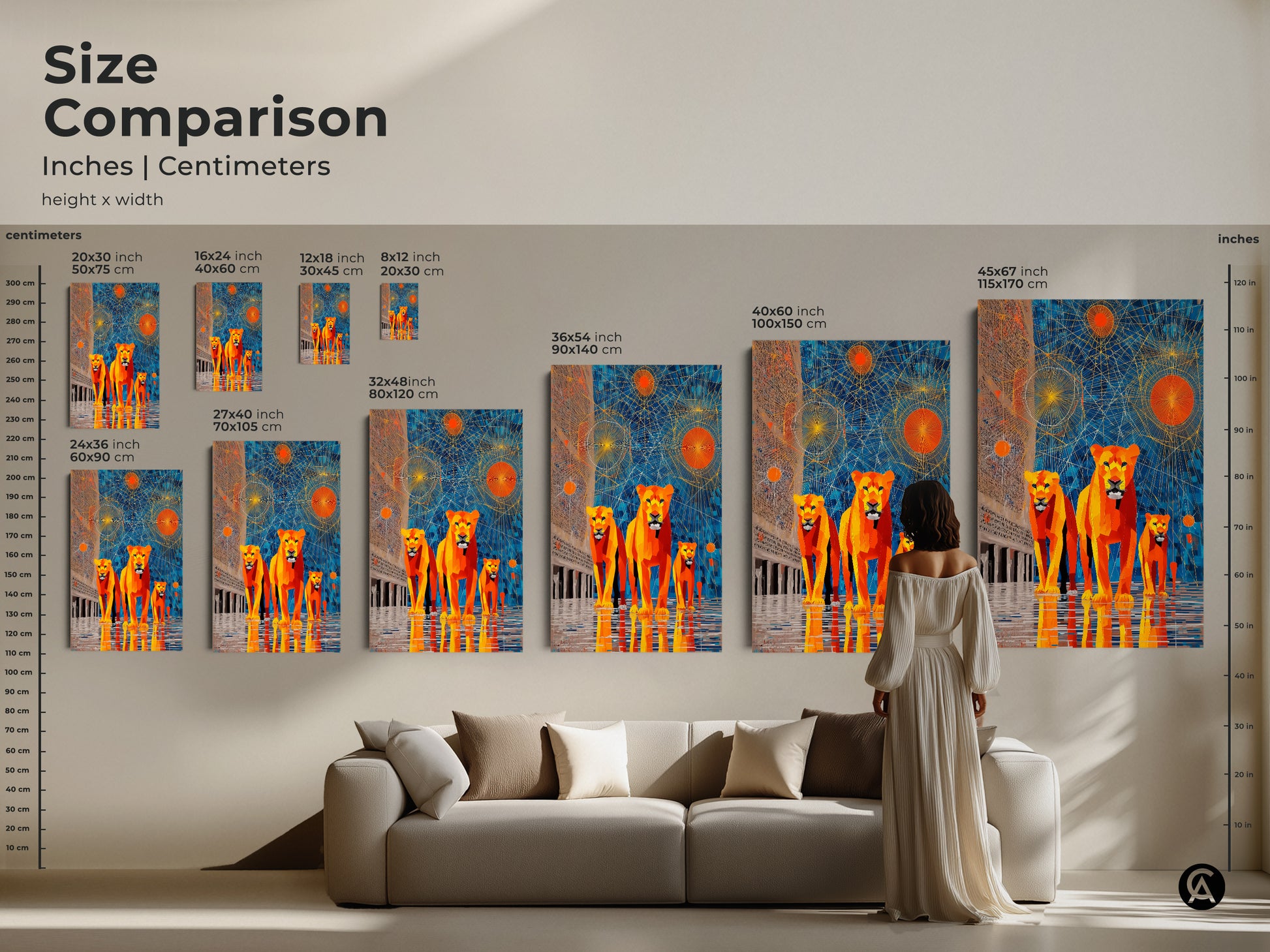 Size comparison of geometric lion artwork in inches and centimeters. Visualize how this abstract sunburst animal art fits above furniture. Explore sizes from small to large for canvas and poster options. It will help you choose the perfect piece for your space. Add contemporary wildlife art to your home today.