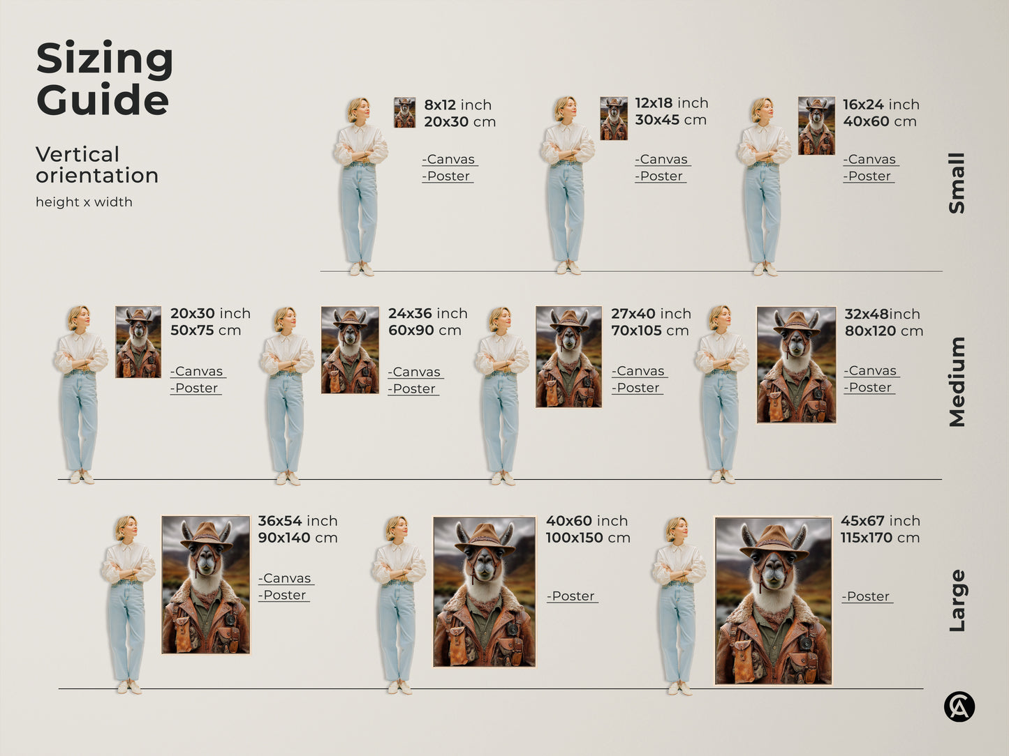 Visualize sizing options for this rustic explorer llama canvas. The vertical orientation guide shows various height and width dimensions. From small canvas to large posters find the perfect size to match your wall. Transform your space with wildlife photography decor.