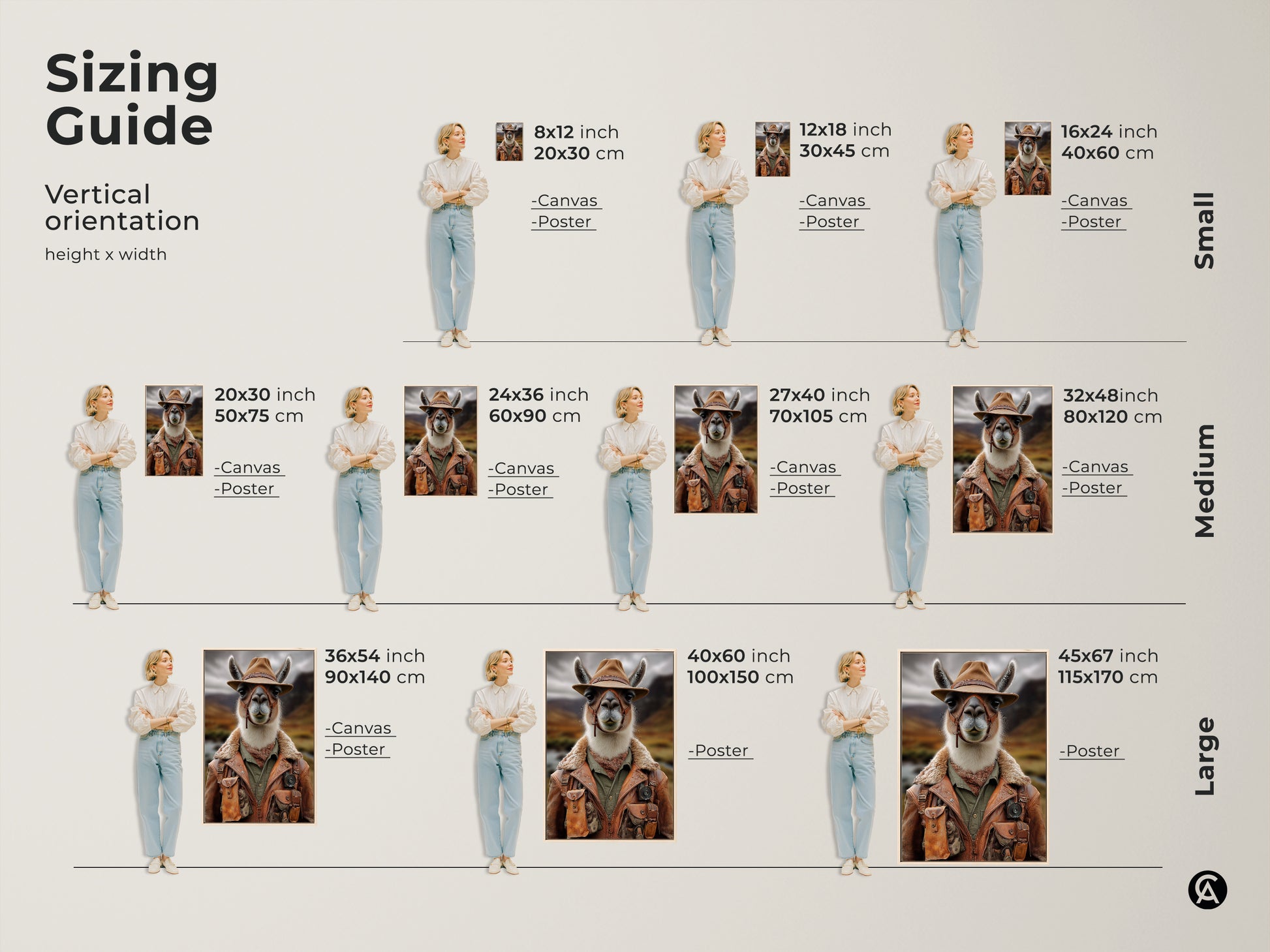 Visualize sizing options for this rustic explorer llama canvas. The vertical orientation guide shows various height and width dimensions. From small canvas to large posters find the perfect size to match your wall. Transform your space with wildlife photography decor.