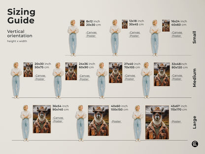 Visualize sizing options for this rustic explorer llama canvas. The vertical orientation guide shows various height and width dimensions. From small canvas to large posters find the perfect size to match your wall. Transform your space with wildlife photography decor.