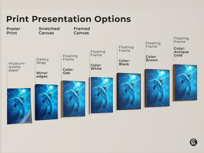 Print presentation options showing poster prints stretched canvas and framed canvas. Each depicts a man swimming with a dolphin underwater. Choose the perfect style for your fantasy ocean art.