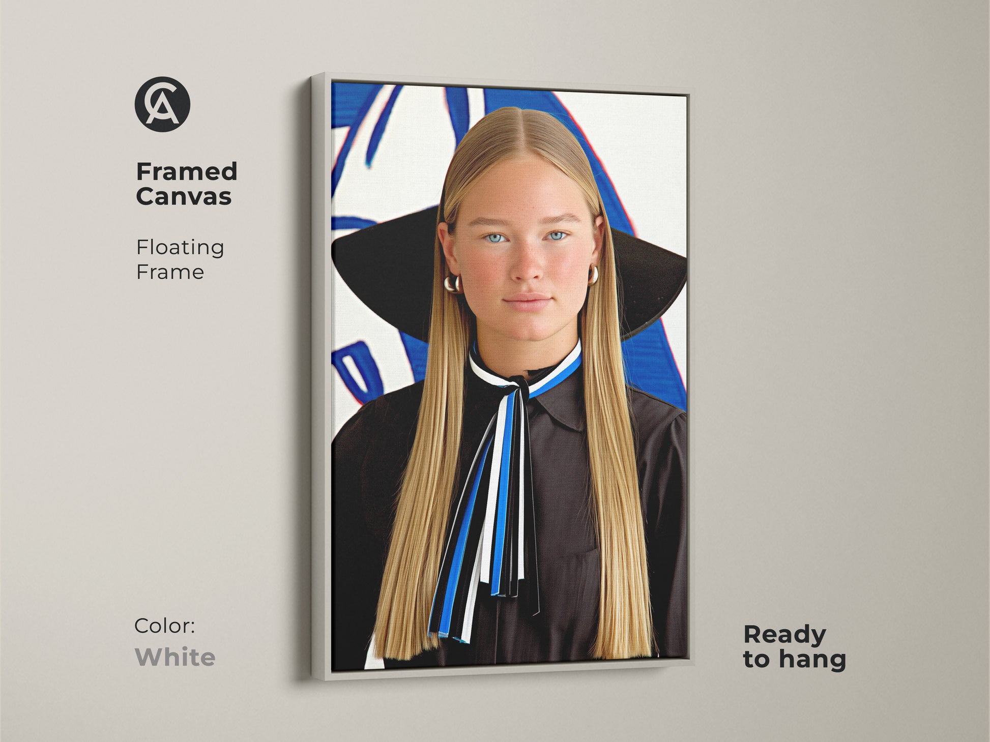 White framed canvas print of a modern woman in abstract blue white and black. A stylish portrait adds contemporary art to bedroom decor. The floating frame enhances upscale home decor. This artistic canvas is perfect as a fashionista gift and is ready to hang.