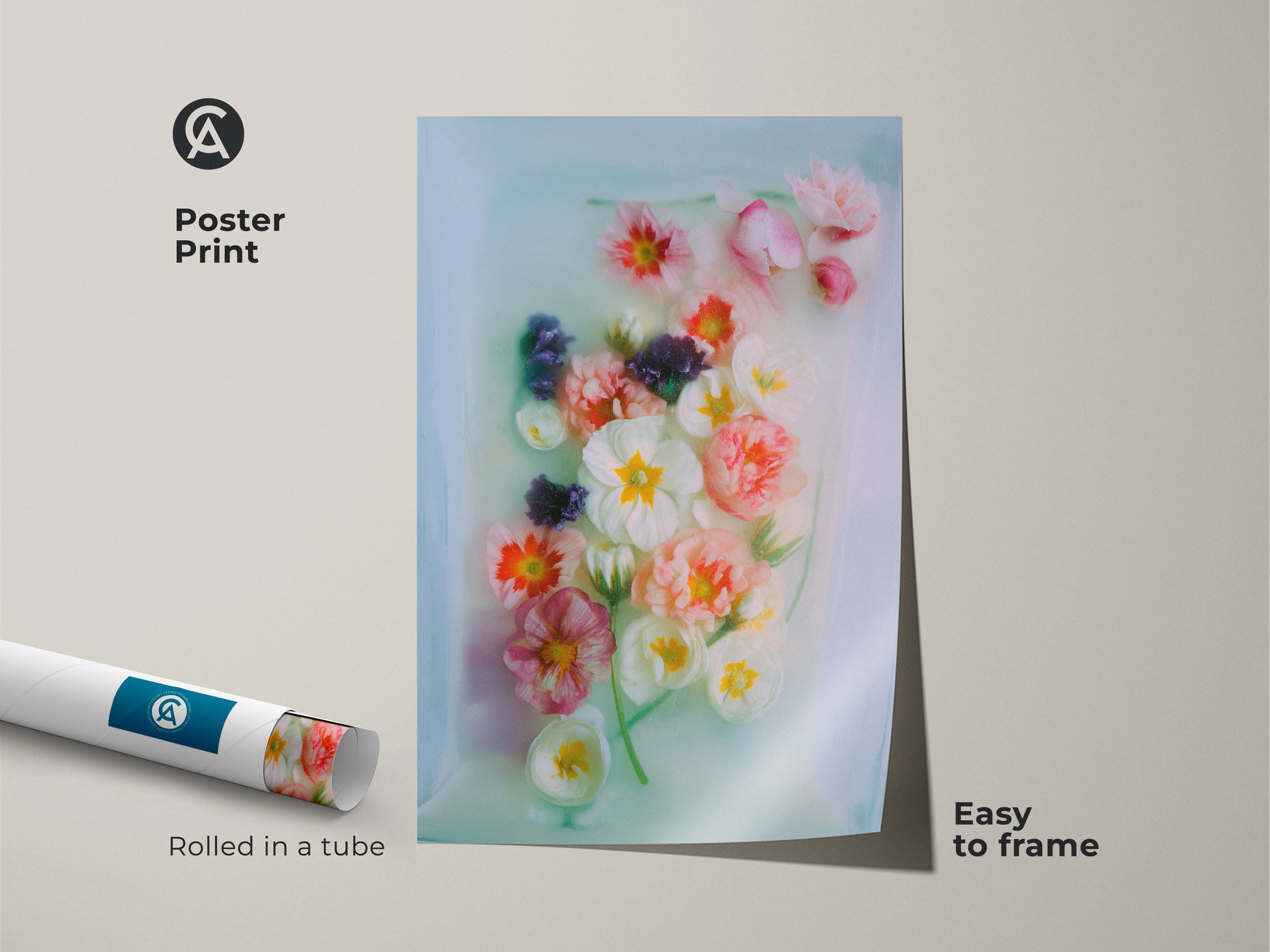 Poster print of spring pastel art. This print is rolled in a tube and easy to frame. Features a soft pink floral print. Ideal Scandinavian home decor.