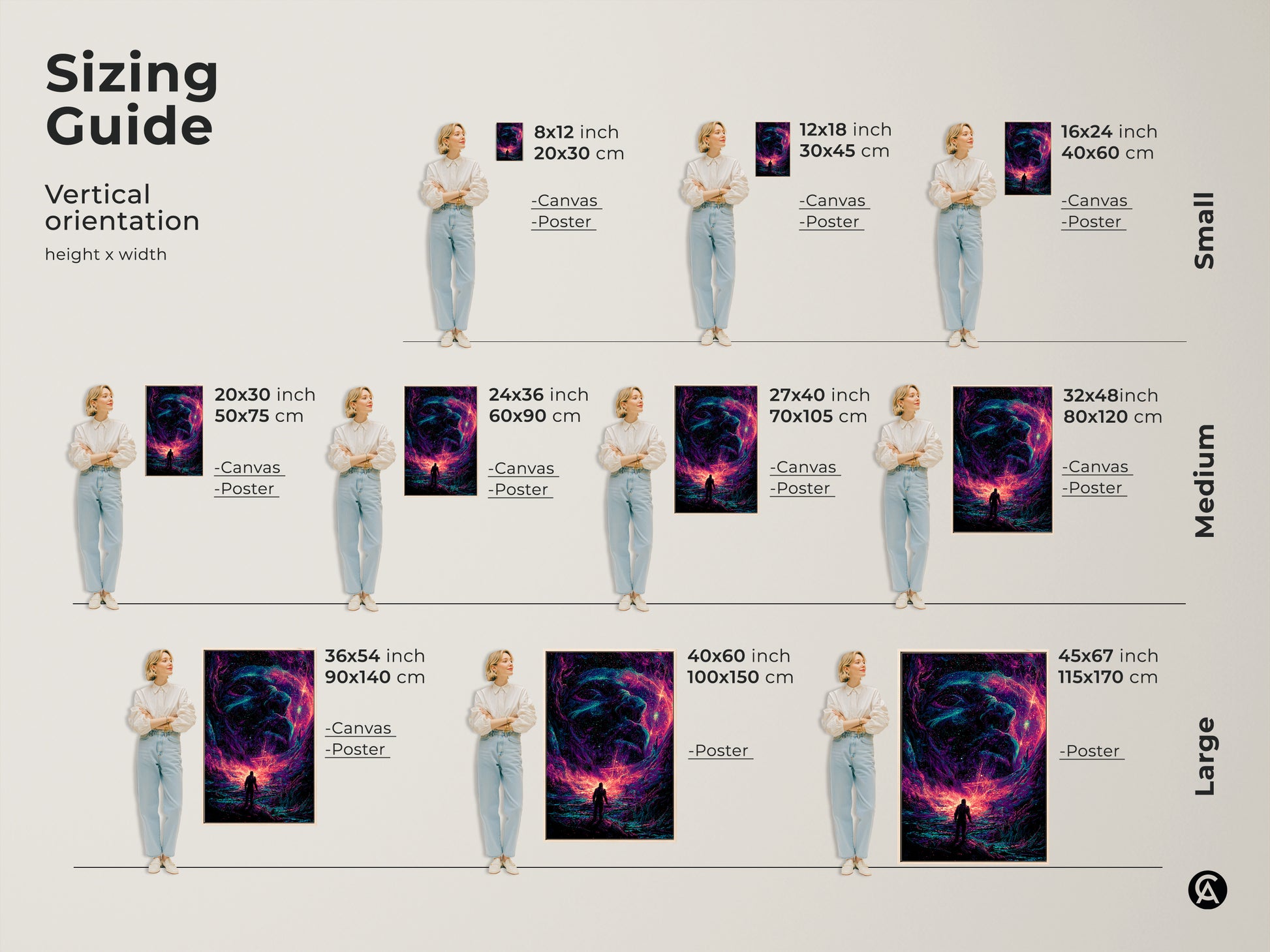 Sizing guide for galaxy artwork. Visual guide shows art height and width. Available as canvas or poster in sizes from small to large. Find the perfect fit for your space. The artwork features a silhouette and cosmic face.
