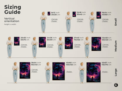 Sizing guide for galaxy artwork. Visual guide shows art height and width. Available as canvas or poster in sizes from small to large. Find the perfect fit for your space. The artwork features a silhouette and cosmic face.