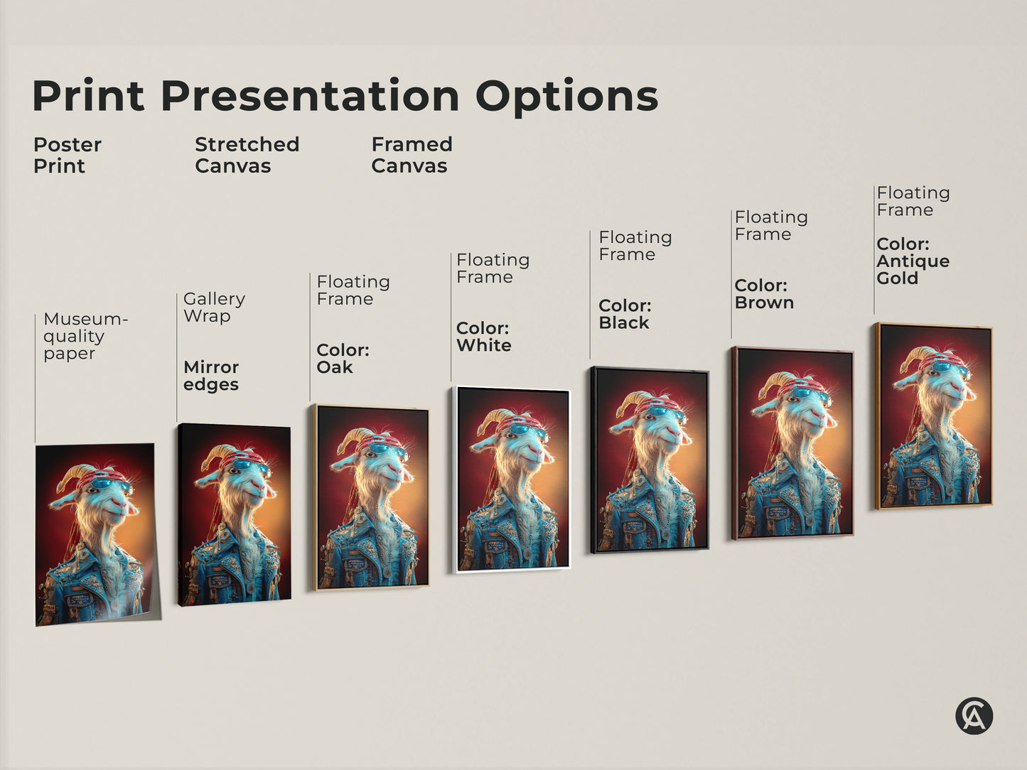 Explore print presentation options for the rockstar goat canvas artwork. Showcasing poster print stretched canvas and framed canvas options. Each featuring the funny animal portrait in a blue denim jacket. Find the perfect fit for your eclectic home decor.