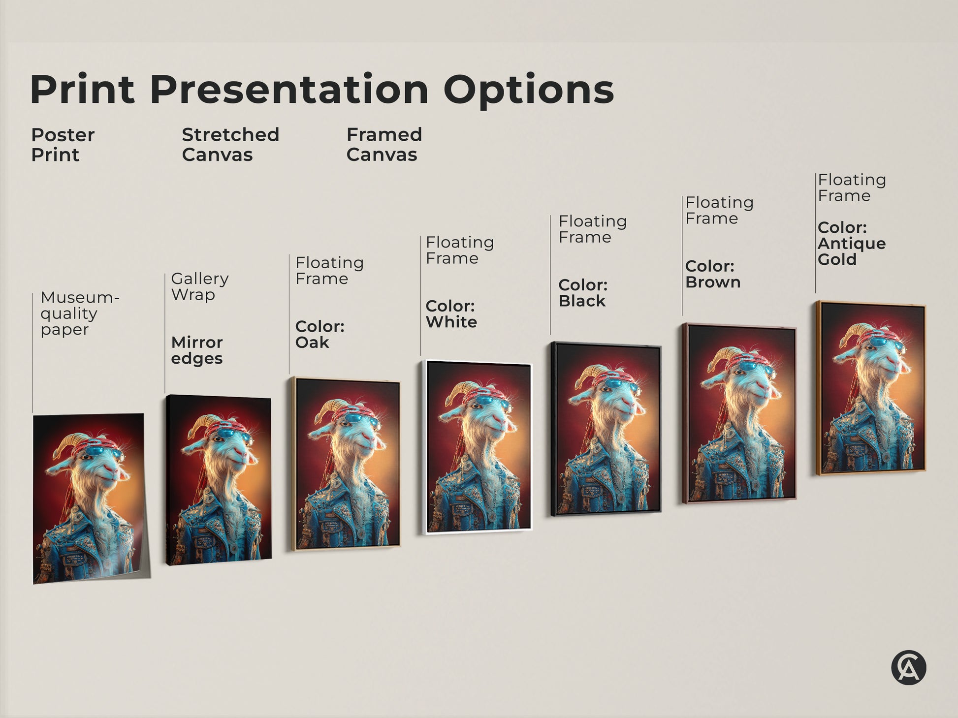 Explore print presentation options for the rockstar goat canvas artwork. Showcasing poster print stretched canvas and framed canvas options. Each featuring the funny animal portrait in a blue denim jacket. Find the perfect fit for your eclectic home decor.