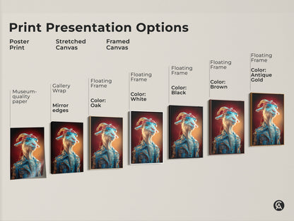Explore print presentation options for the rockstar goat canvas artwork. Showcasing poster print stretched canvas and framed canvas options. Each featuring the funny animal portrait in a blue denim jacket. Find the perfect fit for your eclectic home decor.