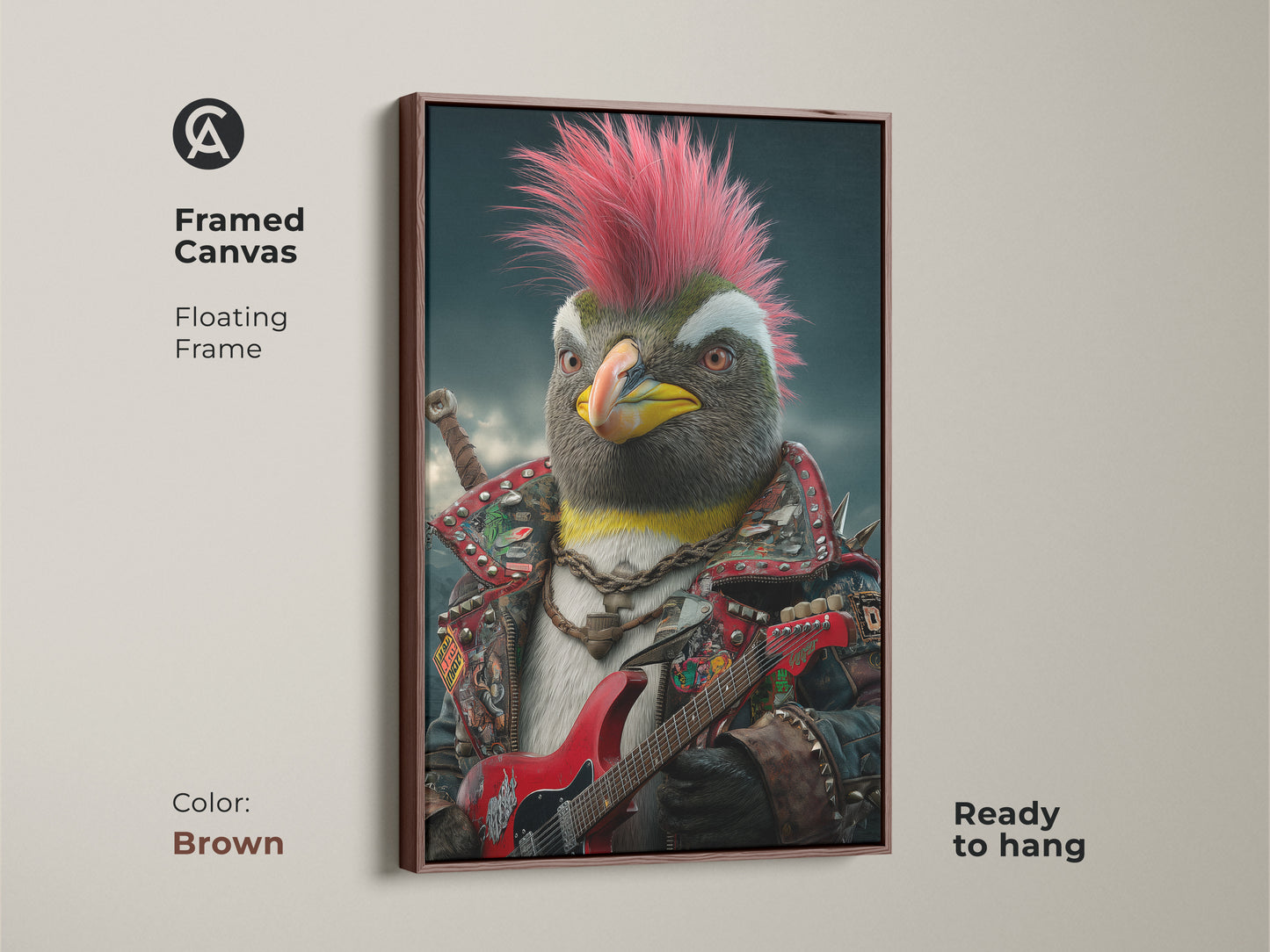 Framed canvas of a punk rock penguin in a brown floating frame. This ready-to-hang piece features a penguin with a hot pink mohawk. The penguin is dressed in a studded jacket and playing a red electric guitar. A unique music decor option for edgy animal art.