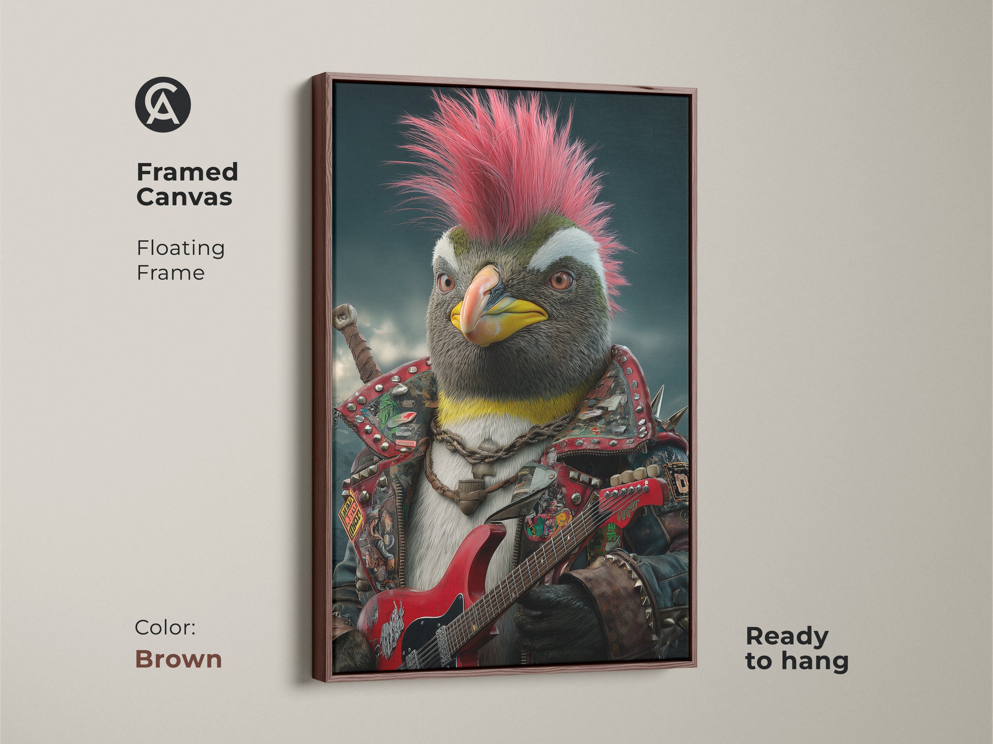Framed canvas of a punk rock penguin in a brown floating frame. This ready-to-hang piece features a penguin with a hot pink mohawk. The penguin is dressed in a studded jacket and playing a red electric guitar. A unique music decor option for edgy animal art.