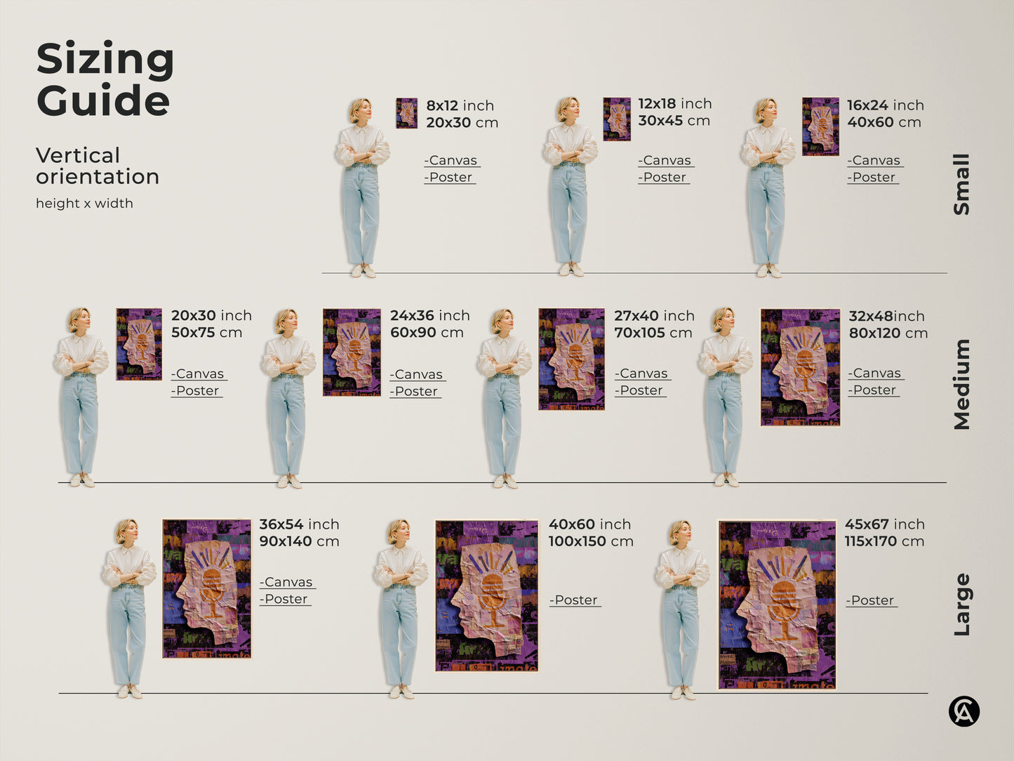 Sizing guide for the abstract collage wall art. Vertical orientation options are available in small medium and large sizes. See how the head silhouette and microphone artwork fits different spaces. Perfect as eclectic studio decor or a unique housewarming gift for an artist.