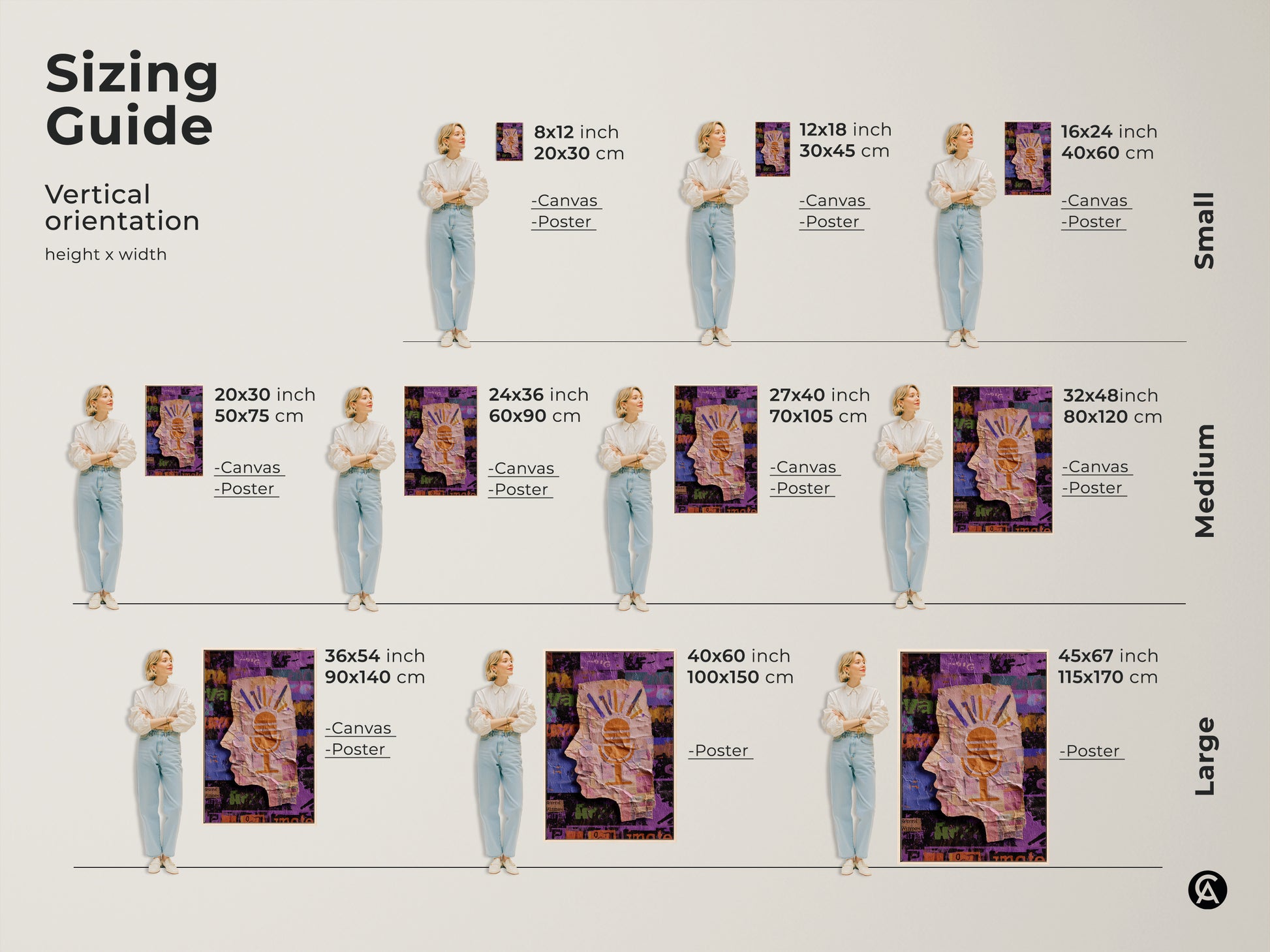 Sizing guide for the abstract collage wall art. Vertical orientation options are available in small medium and large sizes. See how the head silhouette and microphone artwork fits different spaces. Perfect as eclectic studio decor or a unique housewarming gift for an artist.