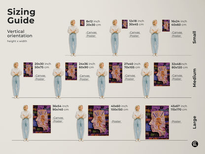 Sizing guide for the abstract collage wall art. Vertical orientation options are available in small medium and large sizes. See how the head silhouette and microphone artwork fits different spaces. Perfect as eclectic studio decor or a unique housewarming gift for an artist.