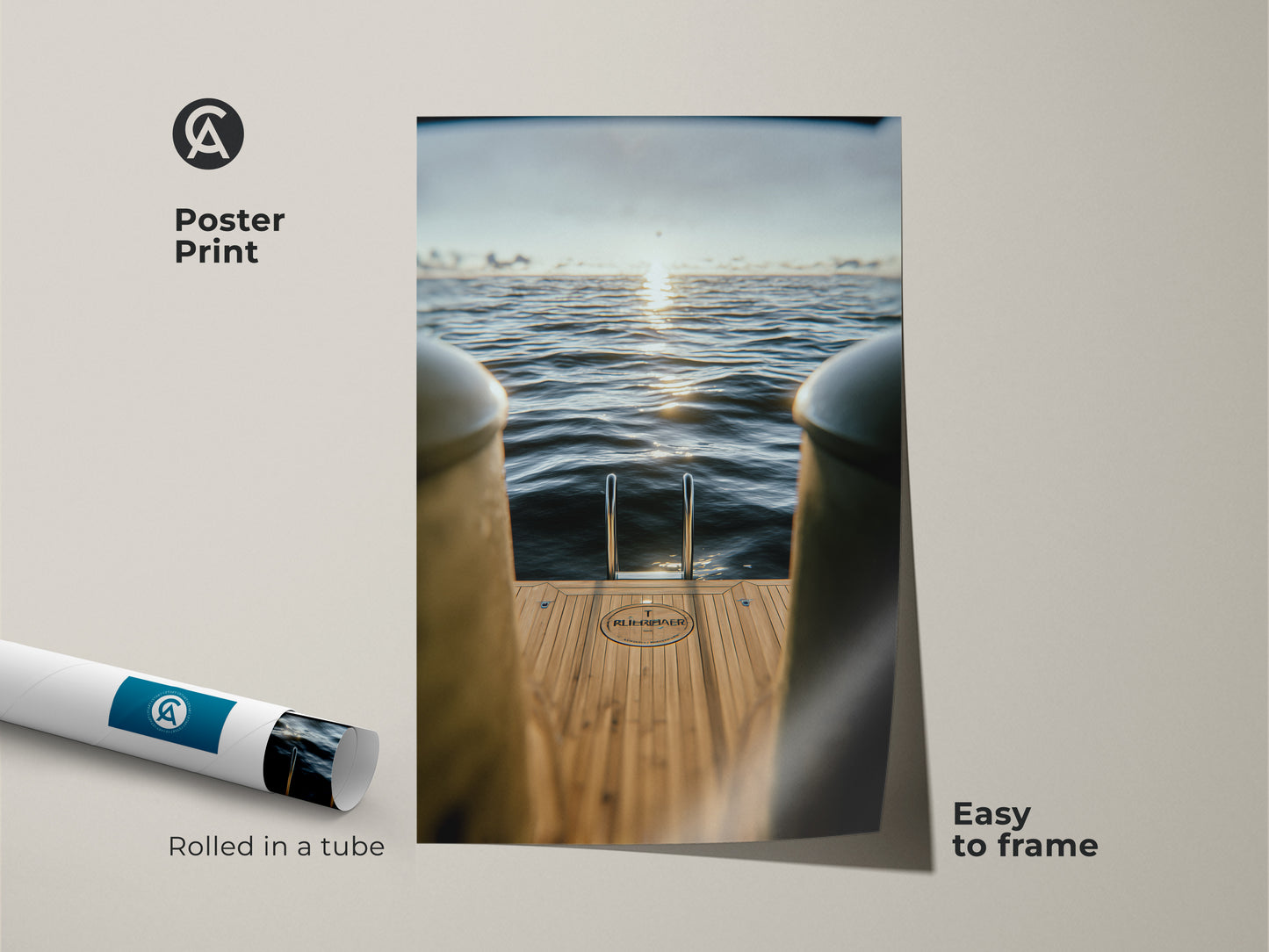 This nautical wall art print is easy to frame. It showcases a photorealistic yacht scene with a minimalist aesthetic. Rolled in a tube for protection. It's perfect for bringing a touch of the ocean into your home or office.
