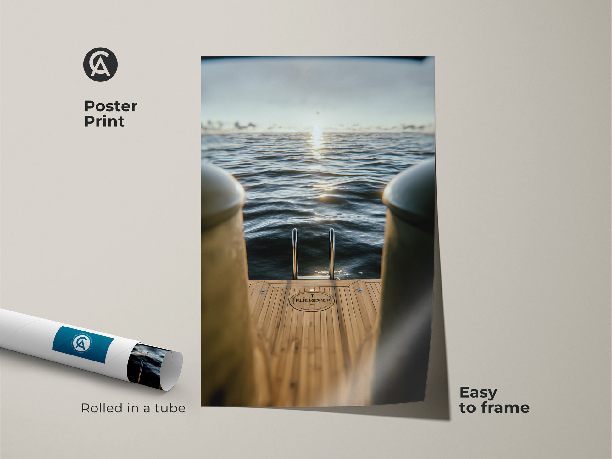 This nautical wall art print is easy to frame. It showcases a photorealistic yacht scene with a minimalist aesthetic. Rolled in a tube for protection. It's perfect for bringing a touch of the ocean into your home or office.