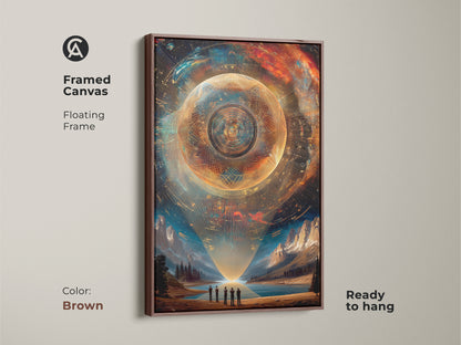 Discover framed canvas art with a sci-fi sphere. This floating frame enhances futuristic mountain canvas art. The brown frame complements gold teal landscape art. This surreal piece provides modern decor for office spaces and homes. Its space exploration aesthetic is ideal for art enthusiasts.