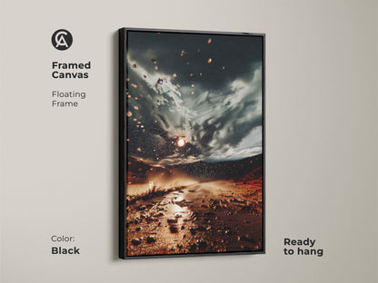 Framed Canvas with a black floating frame showcasing surreal desert storm canvas. This earth tones wall art is ready to hang. Perfect abstract desert nature art for a dramatic landscape canvas.
