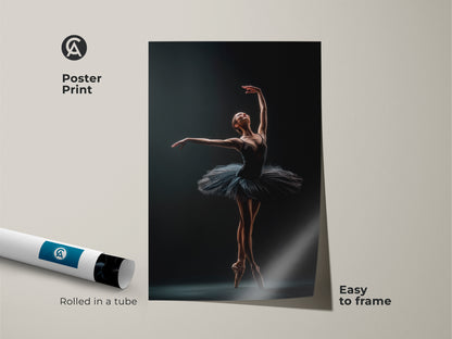Poster print of a ballerina. Rolled in a tube for easy framing. This art piece showcases a dancer in a classic pose. Ideal for decorating a dance studio or home. High-quality printing captures the beauty of ballet art.